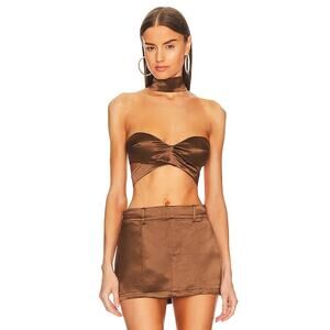 Retrofete Silky Cropped Ross Top Mock Neck Party Statement Cognac Brown Sz M
